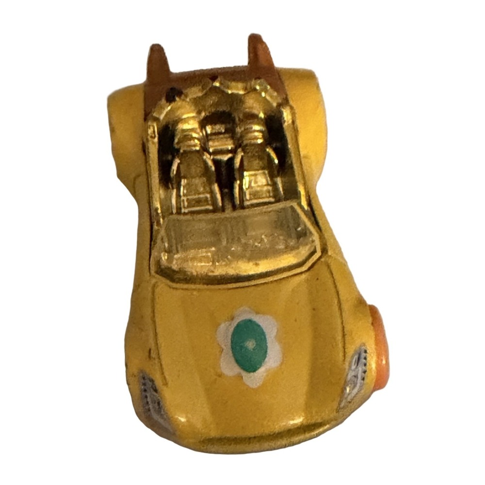 Miniature Yellow Convertible Sports Car Toy Flower Emblem Gold Interior Retro